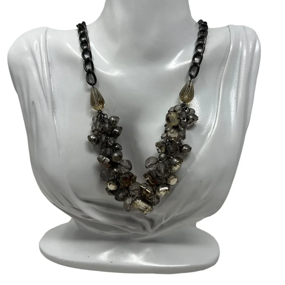 Loft Necklace Gunmetal Chain Purple‎ Clear Lucite Beads Cluster